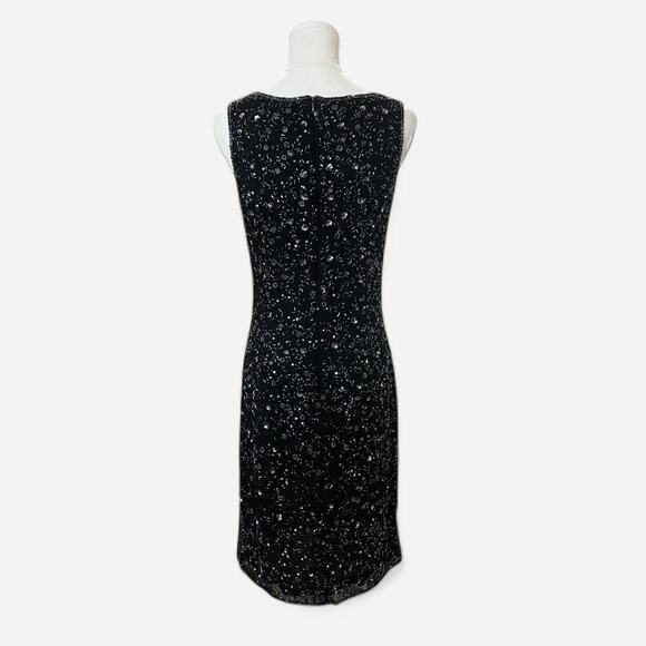 VTG 90s Phoebe Black & Gunmetal Silk Floral Beaded Sparkly Sequin Mini Dress 2 - Picture 5 of 8
